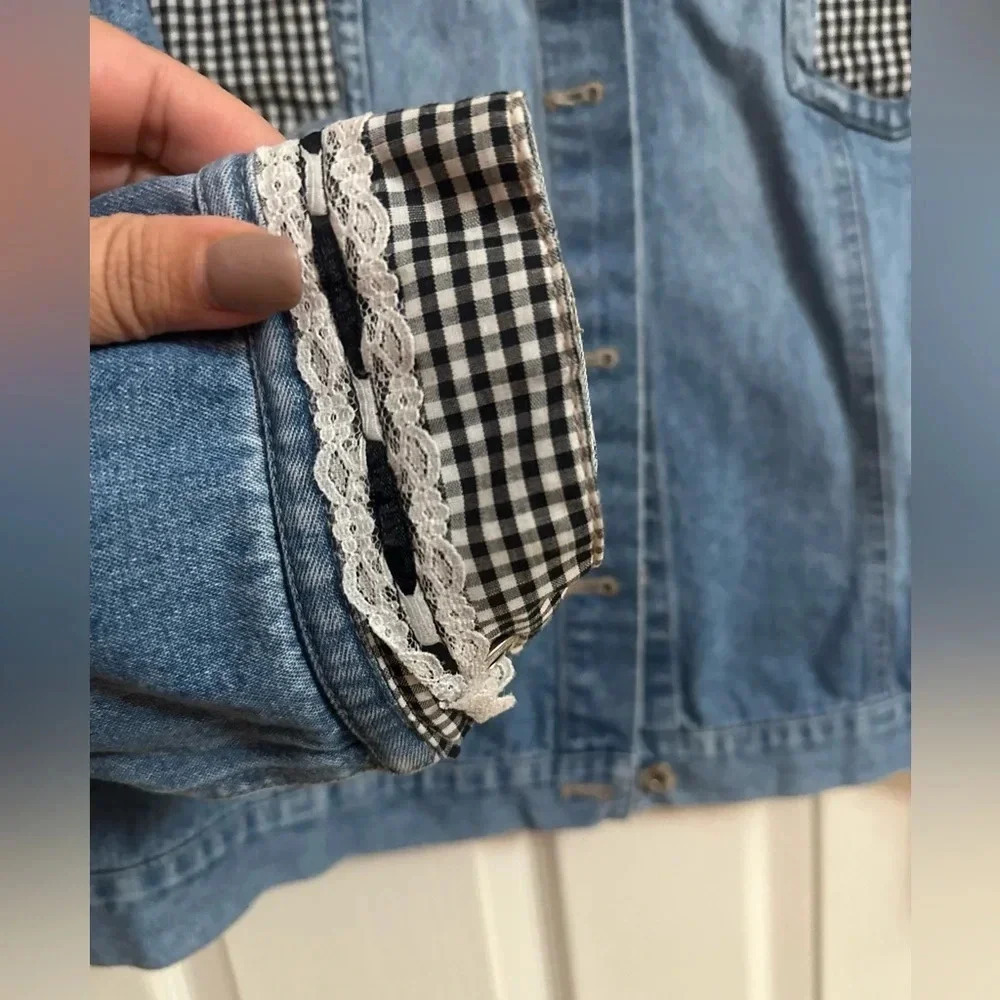 Women's Denim Jean Jacket Cottagecore Classic Checkered Print. Size XL. - Picture 3 of 6